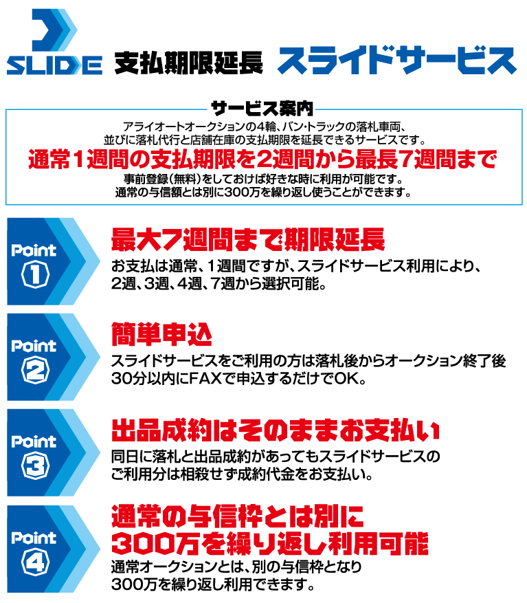 スライドサービス｜お支払いサービス｜アライオークション 4輪・バントラ・総合機械の中古車オークション