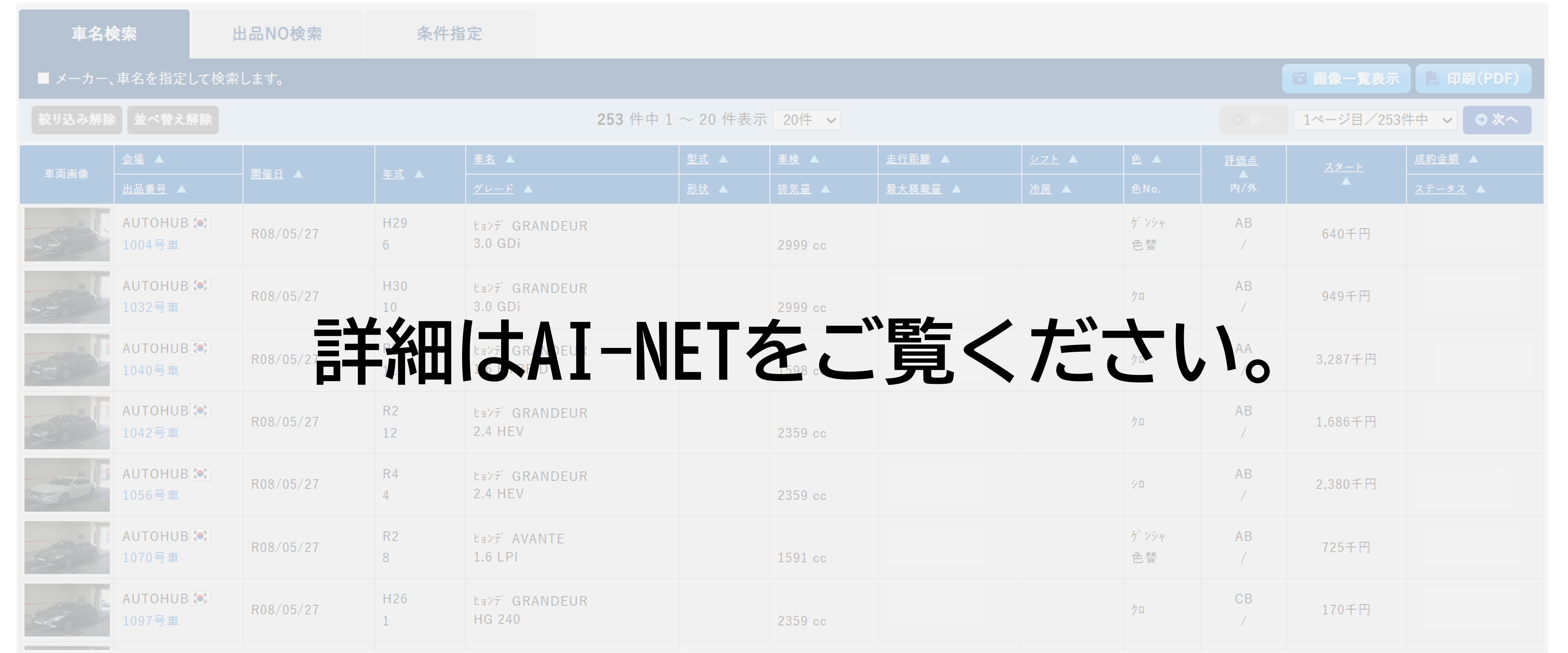 AI-NET — AUTOHUB出品車両 検索・閲覧画面（イメージ）