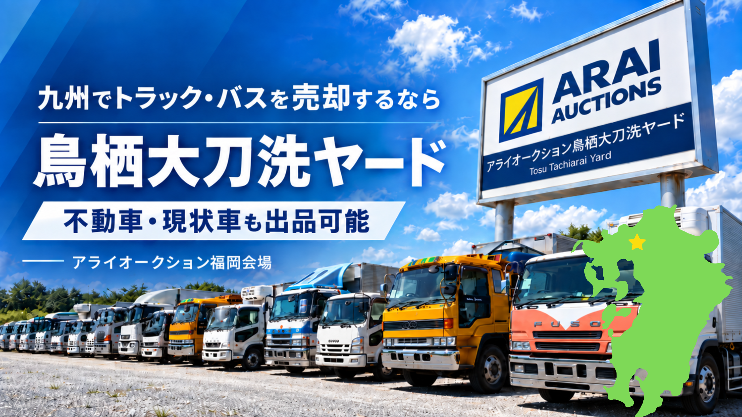九州でトラック・バスを売却するなら不動車・現状車も出品可能な「鳥栖大刀洗ヤード」