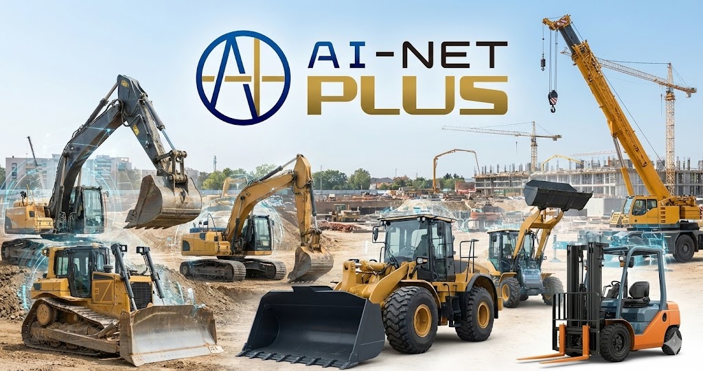 AI-NET PLUSのサービスロゴと建設機械のイメージ
