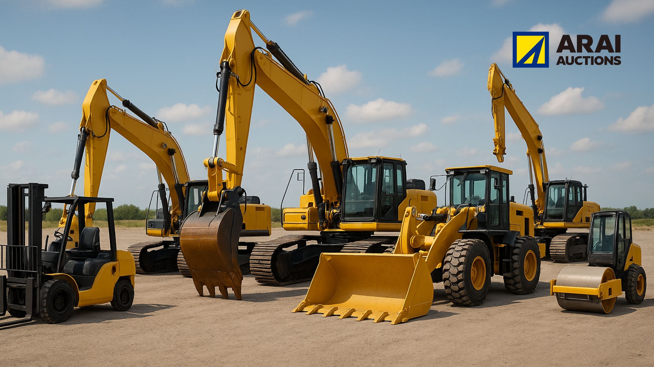 様々な種類の建設機械やフォークリフトが並んでいる様子